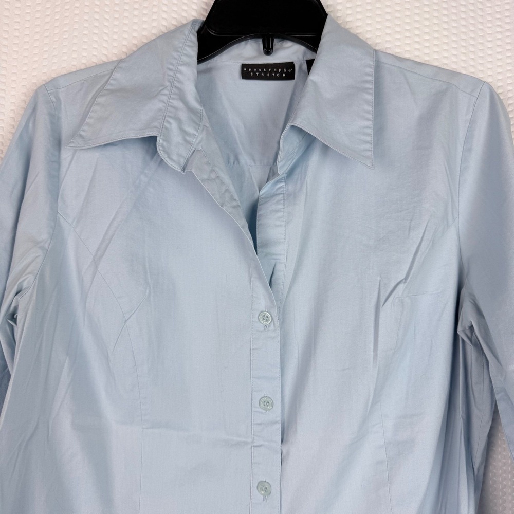 Apostrophe Stretch Light Blue Button Down 3/4 Sleeve Shirt Womens Large 14-16